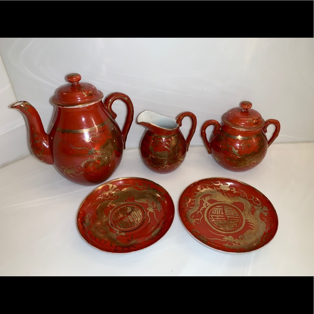 Eiraku Japan Red Gold Dragon Set Antique Kutani